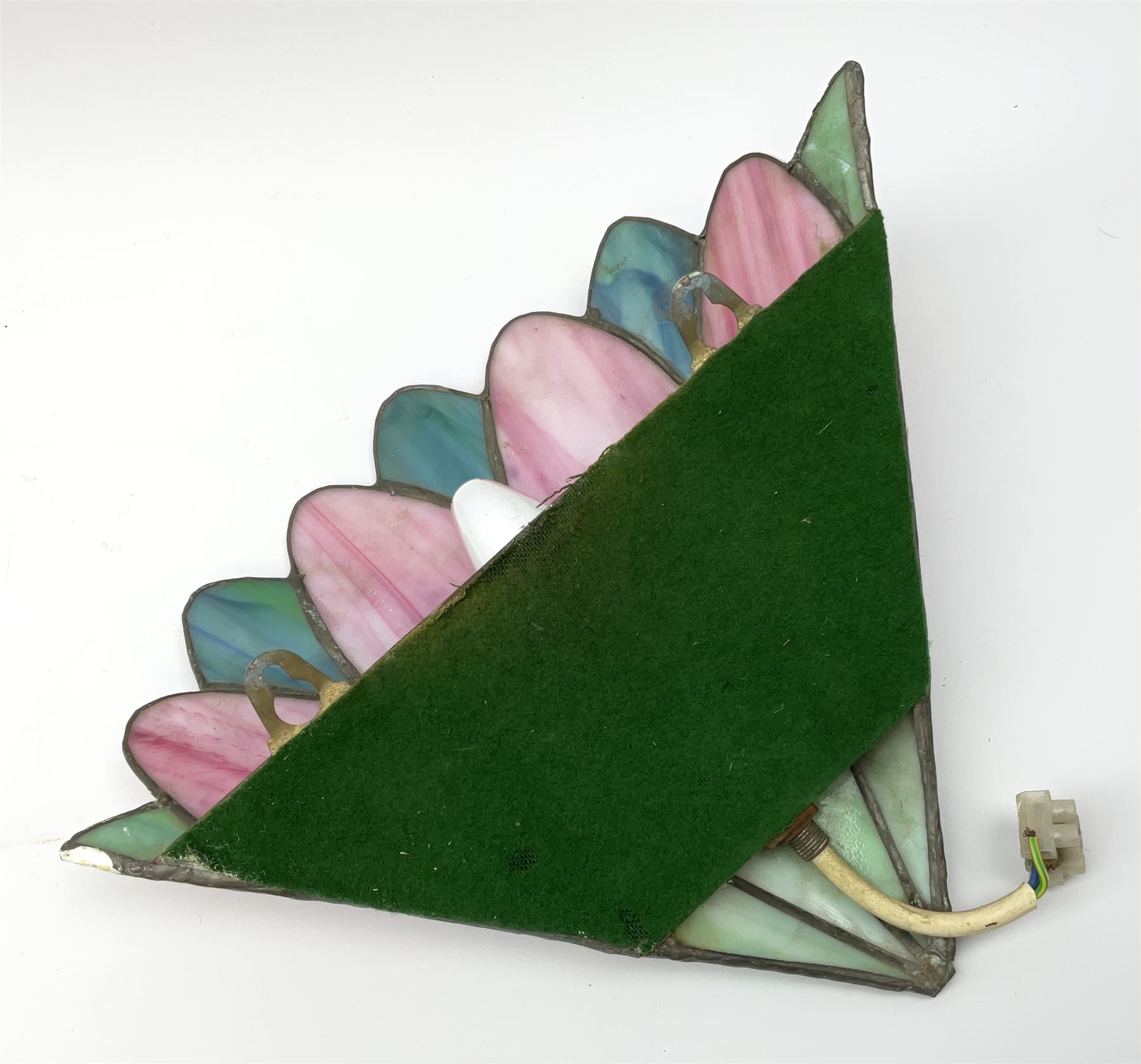 Five Tiffany style pink and blue leaded glass wall lights, approximately H23.5cm. 