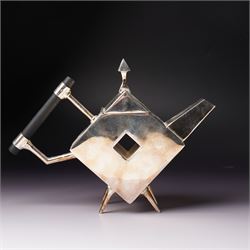 Manner of Christopher Dresser (1834-1904) - two art deco design silver plated teapots, of circular and square form with vacant centre, ebonised handles, each marked and with registration mark, max H18cm (2)