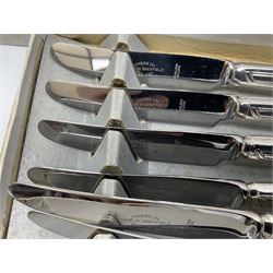 Viners Ltd silver plate Silver Rose pattern cutlery service for six place settings, to include butter knives, table knives and forks, soup spoons, dessert forks and spoons, tea knives, forks and spoons, two serving spoons and a seven piece fruit set, some boxed, missing table spoons