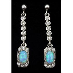 Pair of silver opal and cubic zirconia pendant stud earrings, stamped 925 