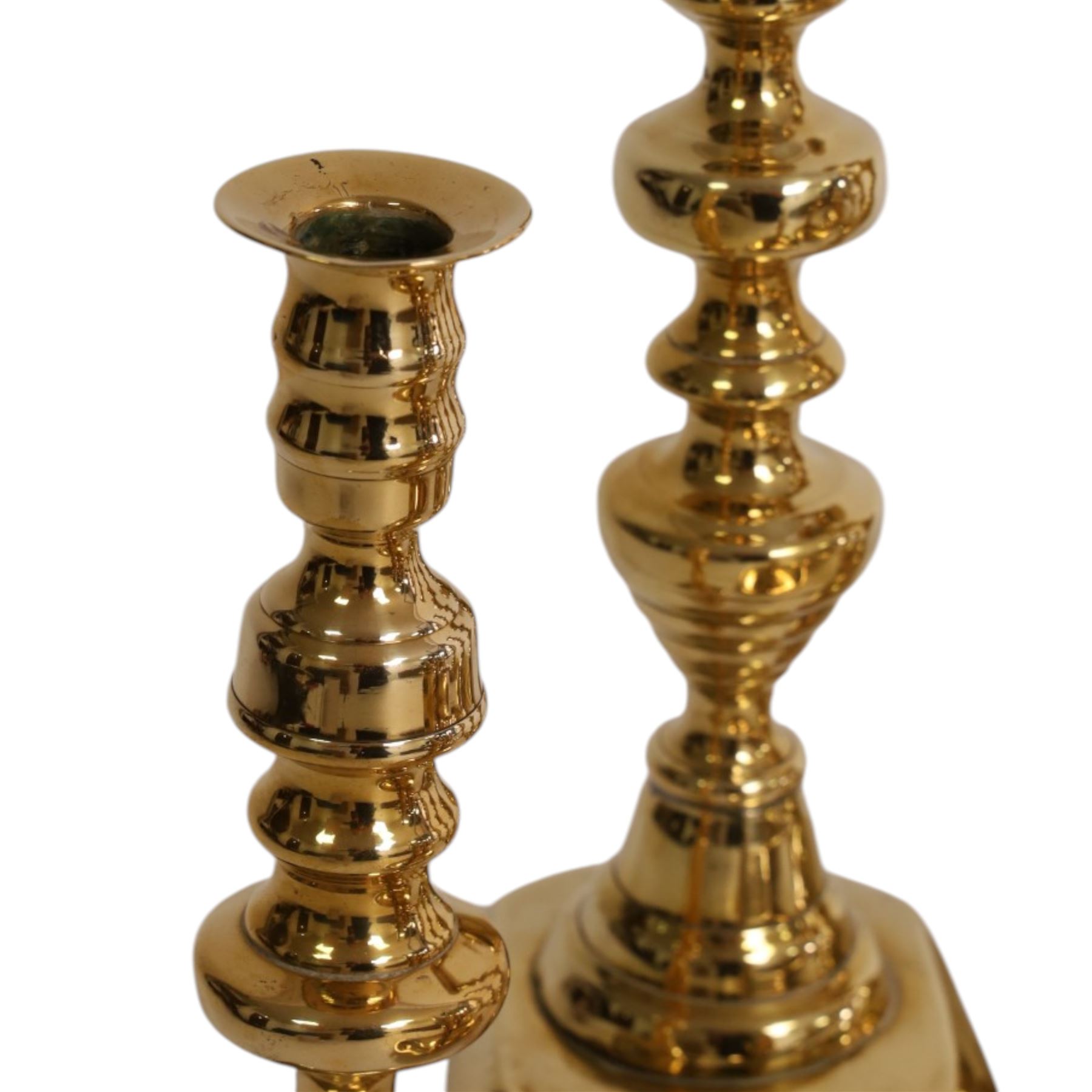 Pair of 19th century brass chamber candlesticks with detachable snuffers, together with three pairs of brass candlesticks 