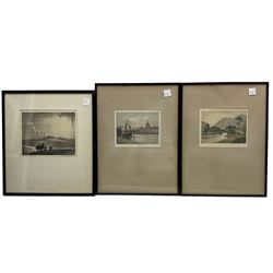 Harold Whaley (Isle of Man 1896-1976): 'A Southern Valley', etching signed titled dated 1928 and numbered 11/25 in pencil; Claude Hamilton Rowbotham (British 1864-1949): 'London' and 'Borrowdale', pair coloured etchings with aquatint signed in pencil, original title labels verso, together with a collection of further prints (qty)