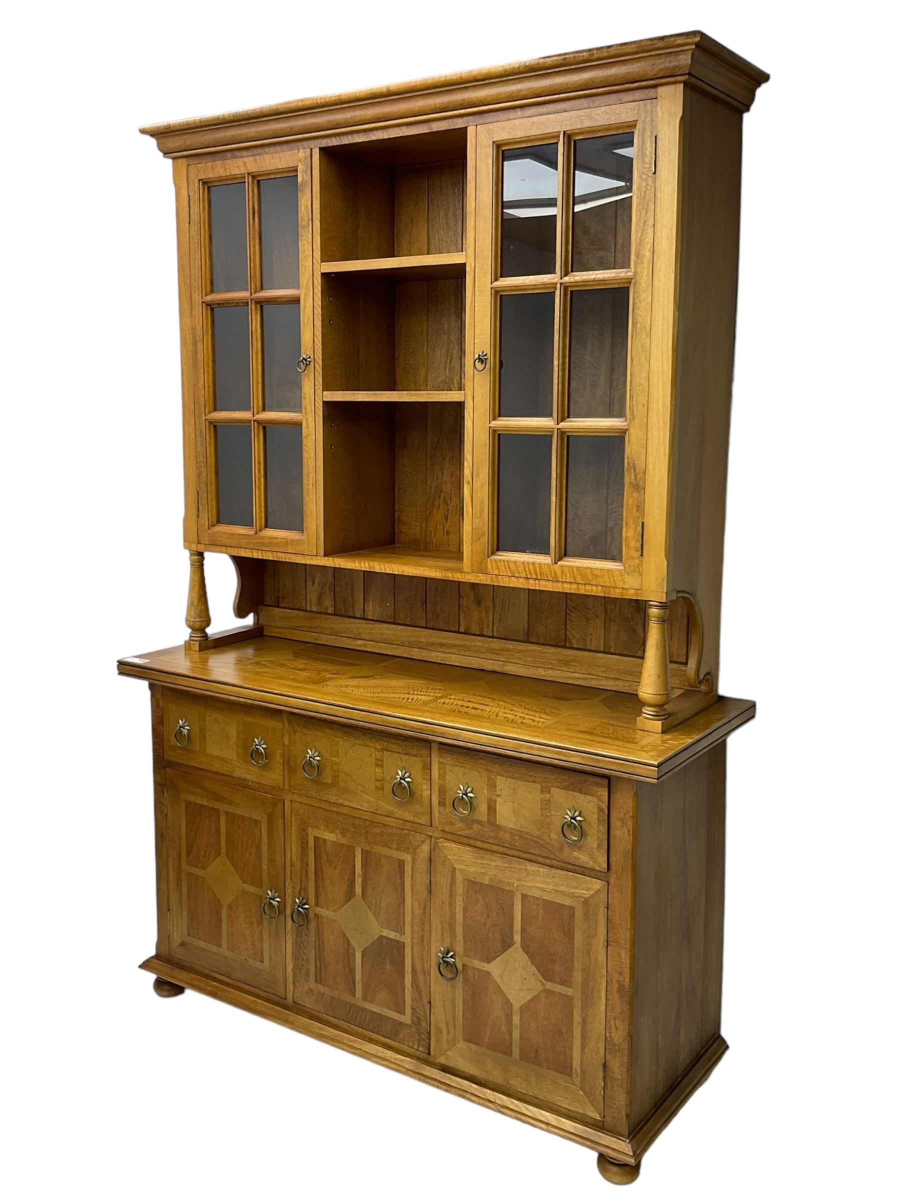 Barker & Stonehouse - flagstone dresser, raised display cabinets and shelves over three drawers and three cupboards, on turned feet 