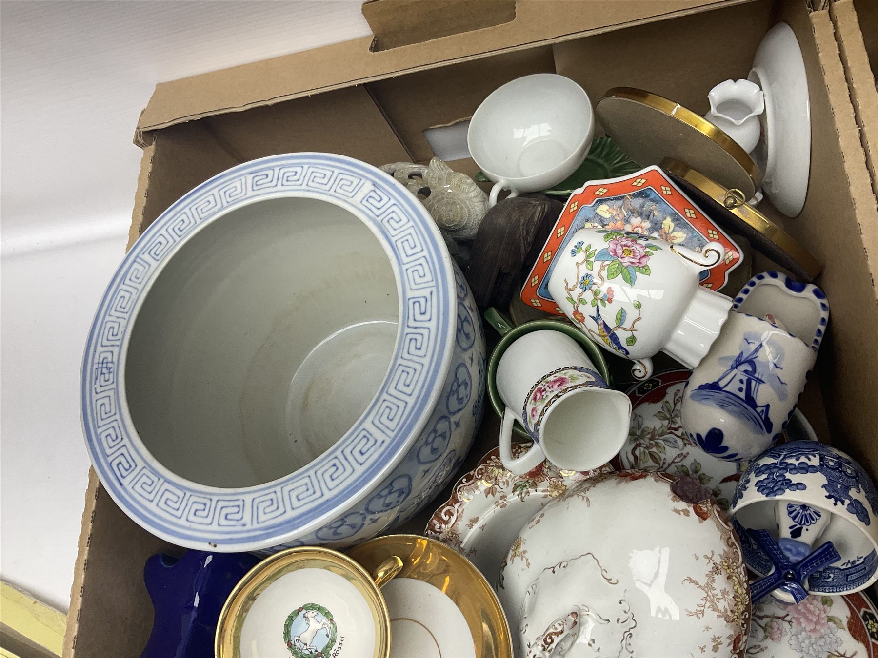 Sadler Celery face pot, Noritake planter, Ringtons blue and white jar, Royal commemorative ware, and a collection of other ceramics, in two boxes 