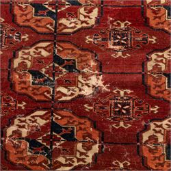 Persian Bokhara crimson ground rug, the field decorated with five rows of repeating Gul motifs with interspersed geometric design, enclosed by a guard band of further geometric-style Gul designs comprised of hook motifs