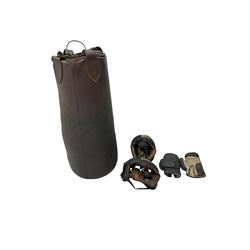 Vintage leather punch bag, boxing gloves and headguards