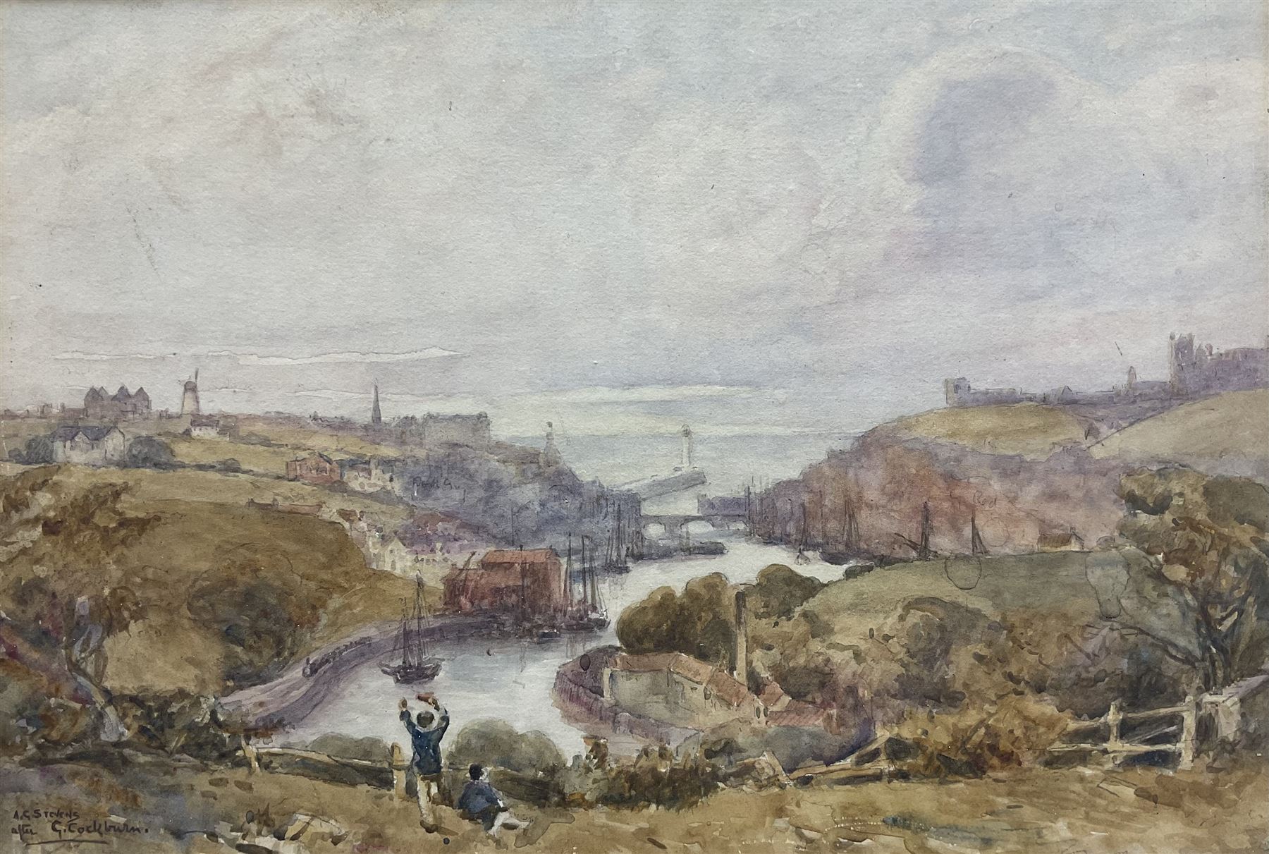 Albert George Stevens (Staithes Group 1863-1925): Overlooking Whitehall and the Upper Harbour Whitby, watercolour signed 24cm x 35cm
Notes: this is signed 'A G Stevens after G Cockburn' and is very similar to a watercolour sold in these rooms 15th September 2017, Lot 149 by Edwin Cockburn (British c1814-1873) who lived in Sleights, taught in Whitby and produced many lithographs of Whitby
