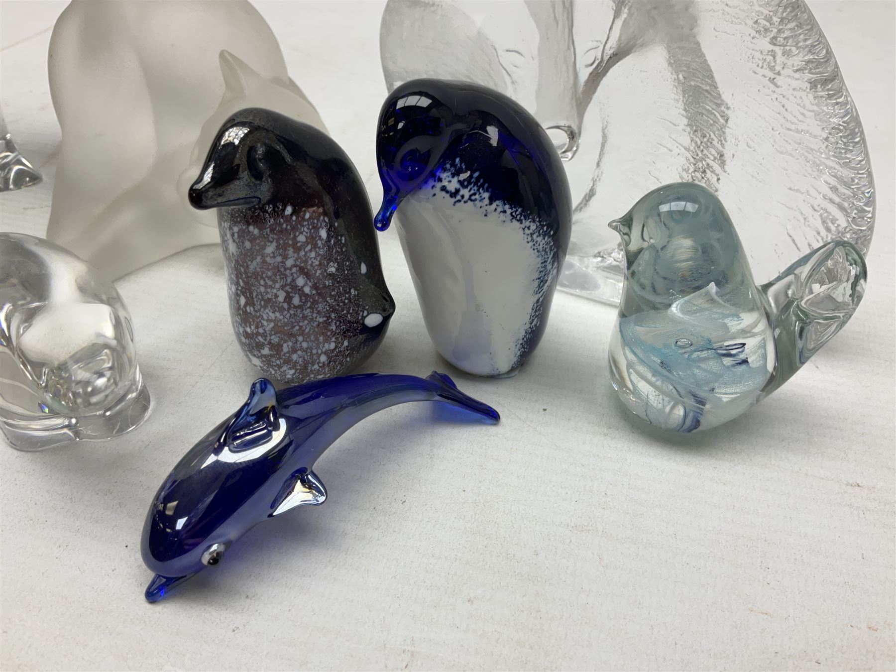 FM Ronneby Sweden large bear paperweight, together two glass penguins, one signed, small Hadeland bear and other glass animals. FM bear H9cm 