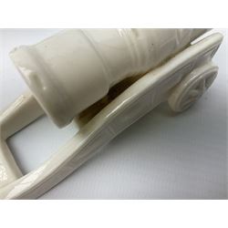 Three pieces of crested ware, comprising grenade detailed 'The Mills Hand Grenade' with Filey Crest, marked beneath Grafton China, a cannon with crest banner detailed 'Sterlini Oppidvm', marked beneath W H Goss, and a submarine with Tunbridge Wells crest, marked beneath Arcadian China 