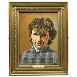 Graham Isom (British 1945-): 'The Champion Hurdle Cheltenham 17th March 1981' Portrait of John Francome Jockey of Sea Pigeon, oil on canvas signed, inscribed on frame 39cm x 29cm
