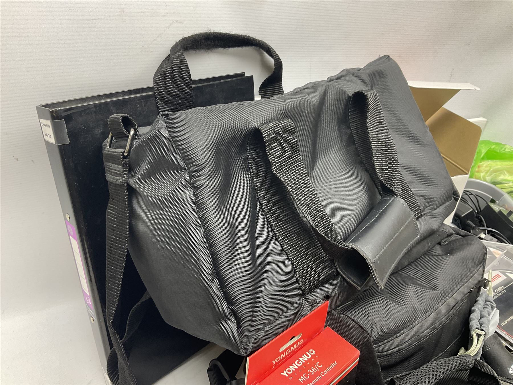 Quantity of camera accessories and equipment, to include boxed Canon EFS 17-55mm IS lens, Canon 59s camera, Olympus camera, etc