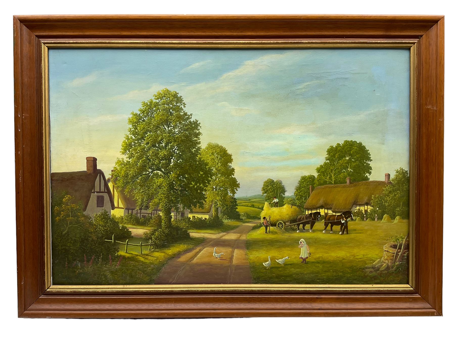 AJ Curry (English Naive School 20th century): Village Scene with Haycart and Figures, oil on canvas signed 50cm x 75cm; Continental School (20th century): Woodland Pond Landscape, oil on canvas indistinctly signed 50cm x 75cm (2)