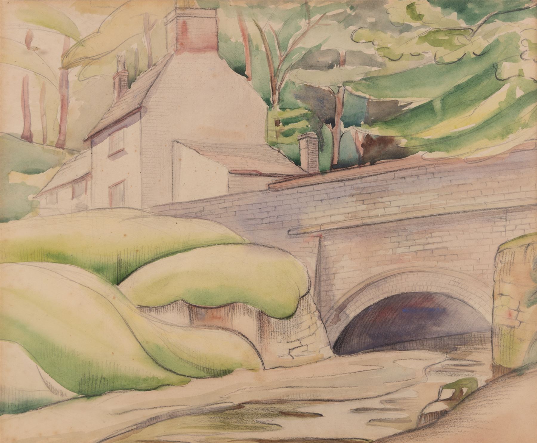 Helen Marguerite Steinthal (British 1911-1991): Forest Before the Hills, watercolour unsigned, attributed verso 23.5cm x 29cm; English School (Mid-20th Century): Bridge in the Town, watercolour unsigned 23cm x 28cm  (2)