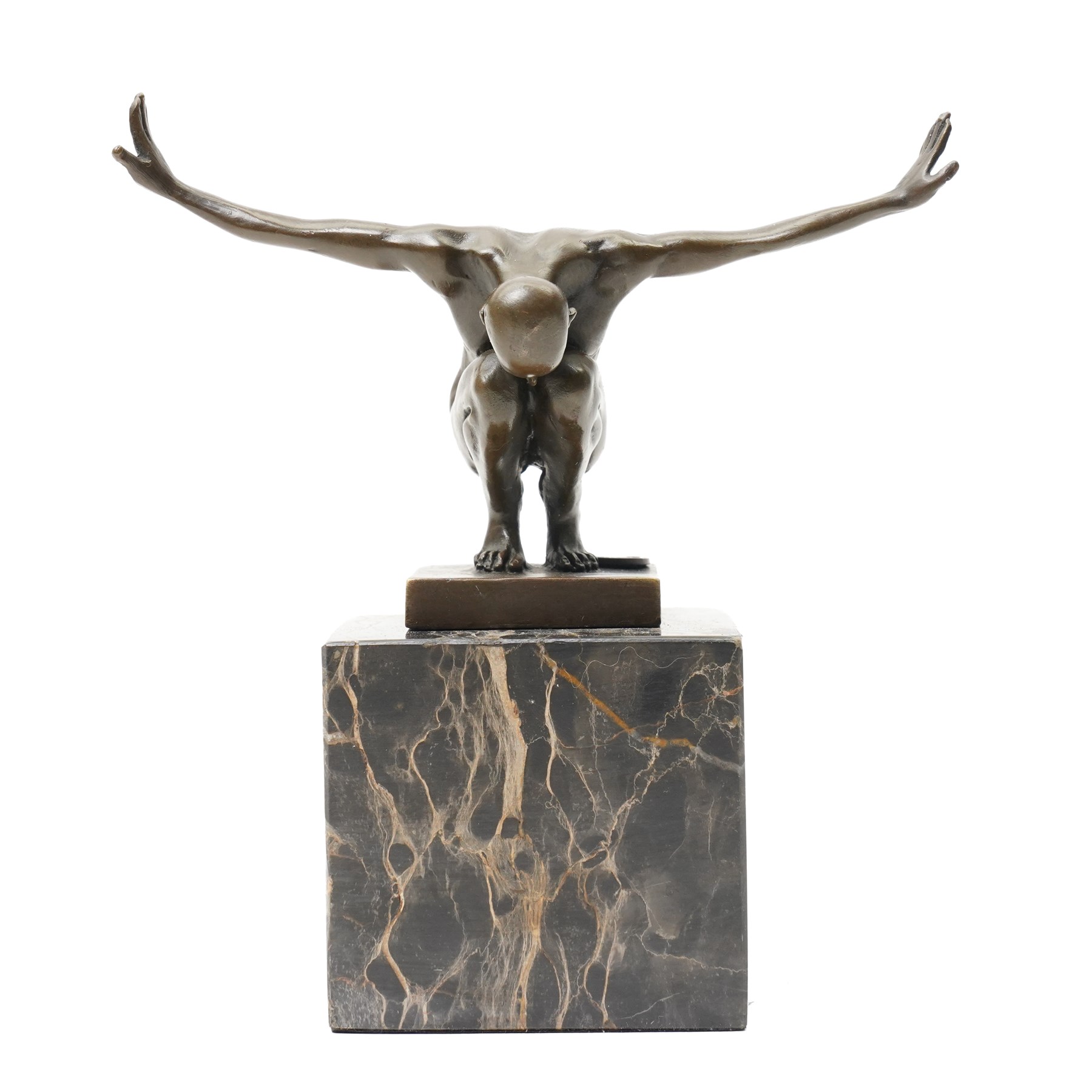 After Miguel Fernando Lopez (Portugese Contemporary):  Power of Silence, bronze modelled as a athlete crouched with arms outstretched, signed Milo, upon two tone marble plinth, overall H15cm