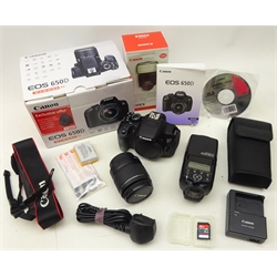  Canon EOS 650D DSLR camera with Canon zoom 18-55mm lens, with original box and a Canon 430EX speedlite, boxed   