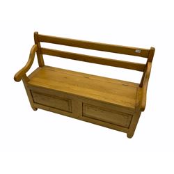 Solid light oak hall bench, hinged box seat with rail back
