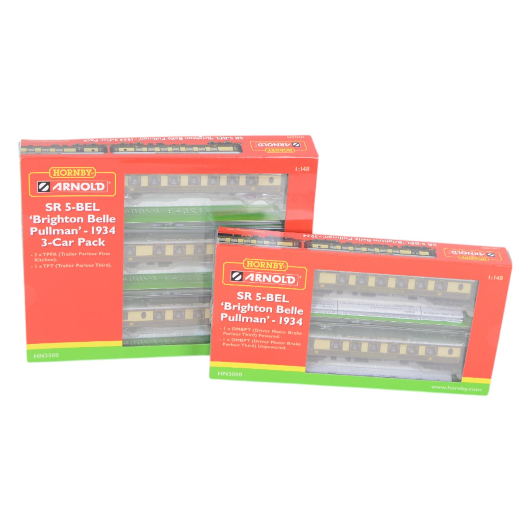 Two Hornby Arnold 'N' gauge SR 5-BEL car packs, comprising HN3500 Brighton Belle Pullman 1934 3-Car Pack and HN3000 Brighton Belle Pullman 1934 2-Car Pack, both boxed