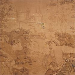 Decorative tapestry panel, the woven composition showing figures in 17th century style costume in an outdoor genre scene, framed within a black painted wooden frame
