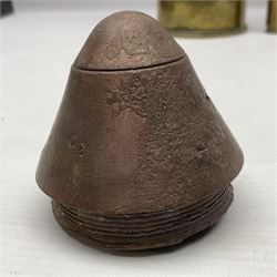 WWI trench art 13-pound anti-aircraft brass shell case engraved Alexandra Princess of Wales, Yorkshire Regiment, bears marks for Royal Ordnance Factory Woolwich 1917 H29cm; WWI British shell fuse dated June 1916; and WWII 20mm brass cannon shell dated 1941 (3)