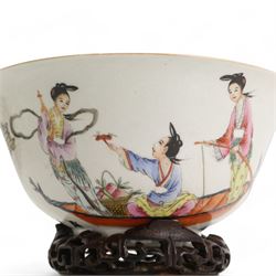 Chinese porcelain famille rose bowl, depicting female figures in a boat, one female seated offering a Lingzhi and a seated female holding out a Ruyi sceptre, against a Anhua ground, the interior with turquoise glaze, red Jiaqing (1796-1820) seal mark beneath, on hardwood stand, D17cm 