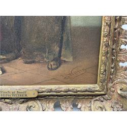 Joseph Emanuel Weiser (German 1847-1911): 'A Pretty Slipper' and 'A Pinch of Snuffe', pair oils on panel signed, titled on plaques 30cm x 23cm (2) 
Provenance: with M Newman Fine Art, London and J & W Vokins, London, labels verso