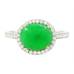 Platinum jadeite and diamond cluster ring, single oval cabochon cut jadeite of 2.20 carat,...