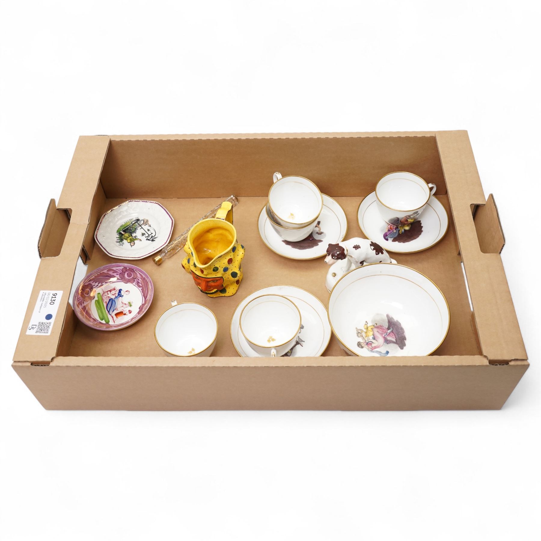 Sunderland lustre saucer dish by Dawson & Co, collection of 19th century teaware decorated with mother and child scenes after Adam Buck, 19th century nursery plate, 19th century style Satyr mask jug but later, etc