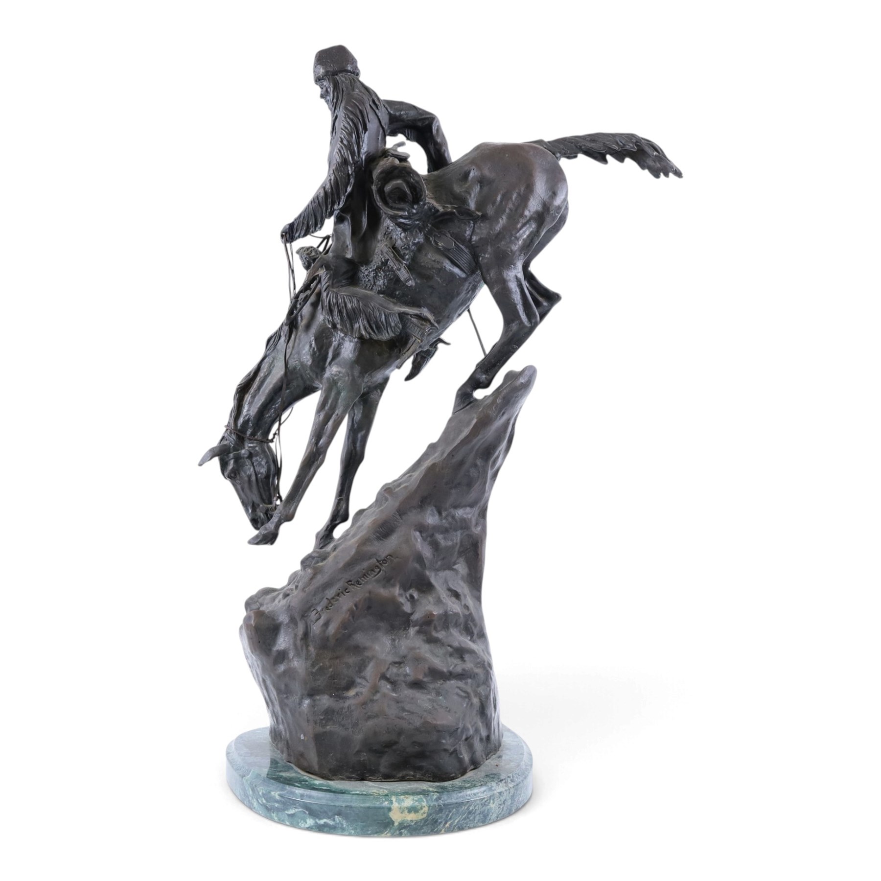 After Frederick Remington; The Mountain Man bronzed spelter figure of a native American trapper upon a marble base with plaque, H72cm