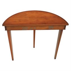 Georgian design yew wood demi-lune console table, sting inlaid with shell motifs