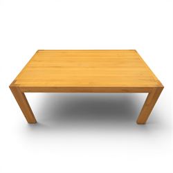 Modern solid oak dining table with set six chairs, chairs with brown leatherette seat