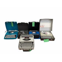 Five vintage portable typewriters comprising Antares Capri, Brother Deluxe 900, Silver Reed Silverette II, Empire Aristocrat and Smith-Corona Calypso, all with carry cases (5)