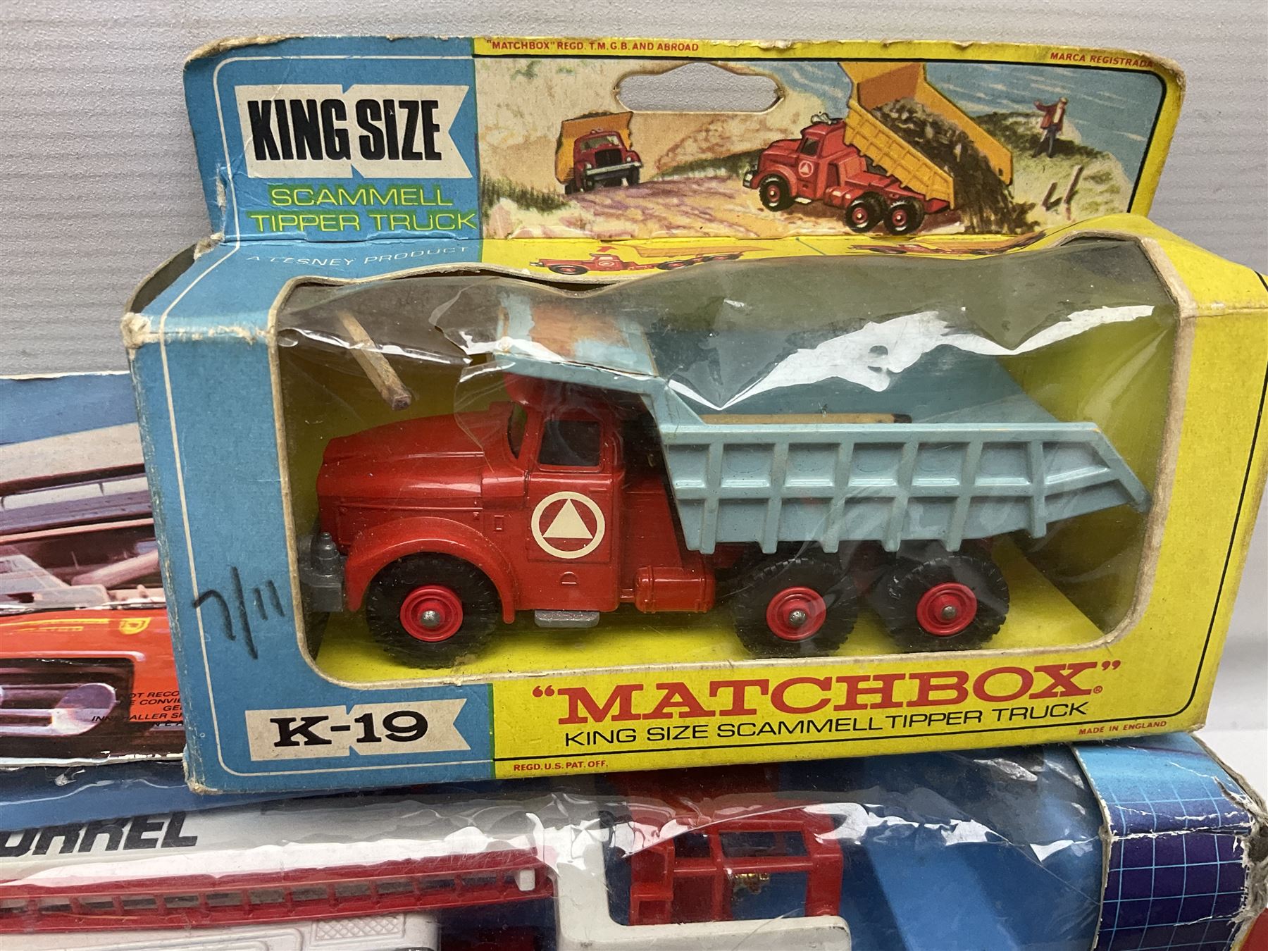 Various makers - Matchbox Superkings Snorkel Fire-Engine No.K-39 and King Size Scammell Tipper Truck No.K-19; both boxed; and large quantity of unboxed, playworn and repainted models by Dinky, Corgi, Lesney, EFE, Micromachines etc