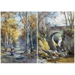 Owen Bowen (Staithes Group 1873-1967): The Faggot Gatherers & The Stone Bridge, pair watercolours highlighted in white one signed and dated 1902, 34cm x 24cm (2)