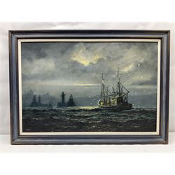 Jack Rigg (British 1927-): Fishing Boat Returning to Whitby Harbour by Moonlight, oil on canvas signed, dated 1972 verso 50cm x 75cm