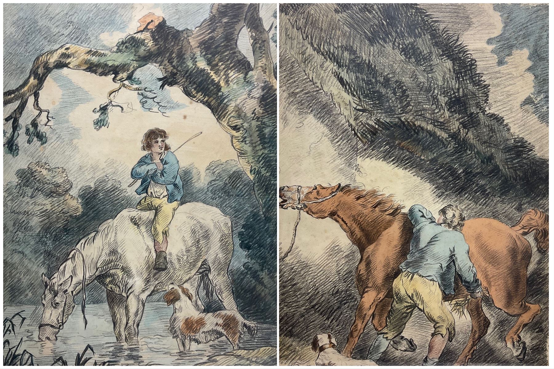 English School (19th century): Boy Horse Riding, pair watercolours and chalk unsigned 44cm x 33cm (2)