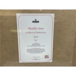 Set of three Royal Mail David Bowie limited edition album stamp prints, comprising Aladdin Sane, Blackstar and Earthling, all framed and in original packaging, H43cm W43cm