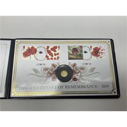 Queen Elizabeth II Alderney 2019 ‘Centenary of Remembrance’ 9ct solid gold coin cover, cased in Jubilee Mint folder with certificate 
