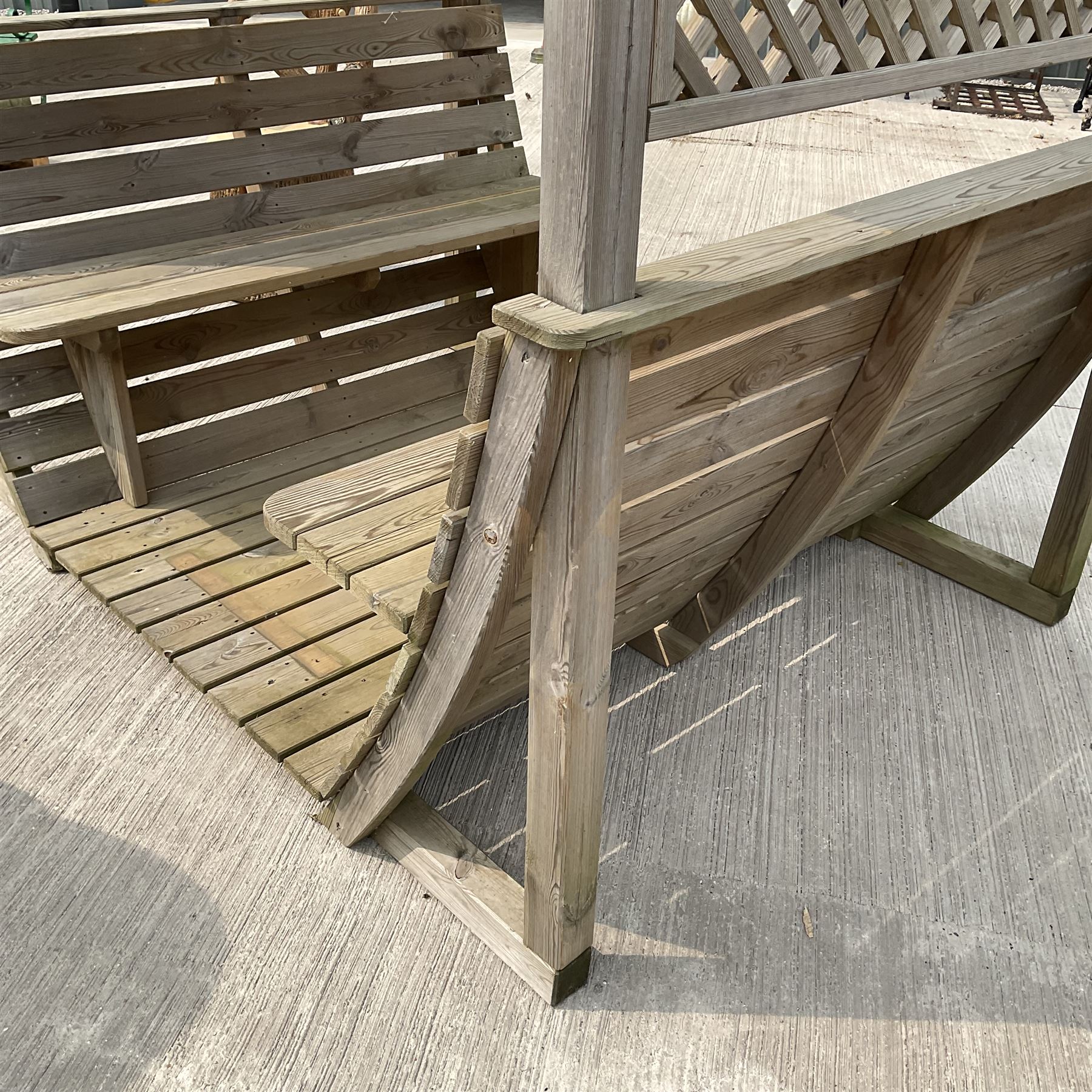 Large wood slatted garden seat with canopy, lattice sides
