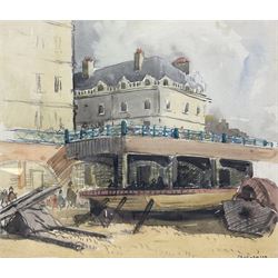 Frederick (Fred) Lawson (British 1888-1968): Fishing Boat below a Victorian Seaside Promenade, watercolour and charcoal signed 24cm x 28cm
Provenance: private collection purchased David Duggleby Ltd. Whitby 11th March 2003, Lot 142 
