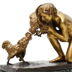 Sophie Debry (19th/20th century); 'Le Combat de Coqs' or The Cockfight, gilt bronze figural group of boy and two cockerels, signed and dated 1920, mounted on marble plinth, H28cm x W44cm