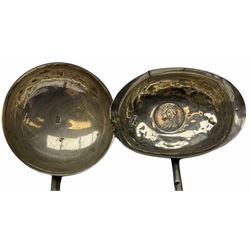 Two Georgian silver toddy ladles with baleen twist handles, (neither hallmarked), one with inset coin to bowl, together with a group of silver plate including cruet stand enclosing two glass bottles with stoppers, shaker and preserve pot with spoon, pair open salts with glass liners, etc. 