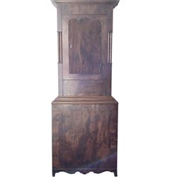 S Marshall of Saley Hill - late Victorian eight day mahogany longcase clock c1860, with a swan necked pediment and brass spire finials, break arch hood door beneath flanked by ring turned pilasters, trunk with inset twin columns and a short three spire door, on a broad plinth with a shaped base, fully painted dial with depictions of cottages to the spandrels and a rural scene to the arch, with Roman numerals , brass hands, seconds and calendar dials, dial pinned directly to a rack striking movement, sounding the hours on a bell. With weights and pendulum.