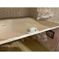 Modern scratch-built Palladian style wooden dolls  house as a 19th century double fronted two-storey property with simulated brick and stone walls under a removable simulated slate hipped roof; the triple hinged front elevation opening to reveal six rooms with central hall, stairs and landing L94cm H56cm D40cm