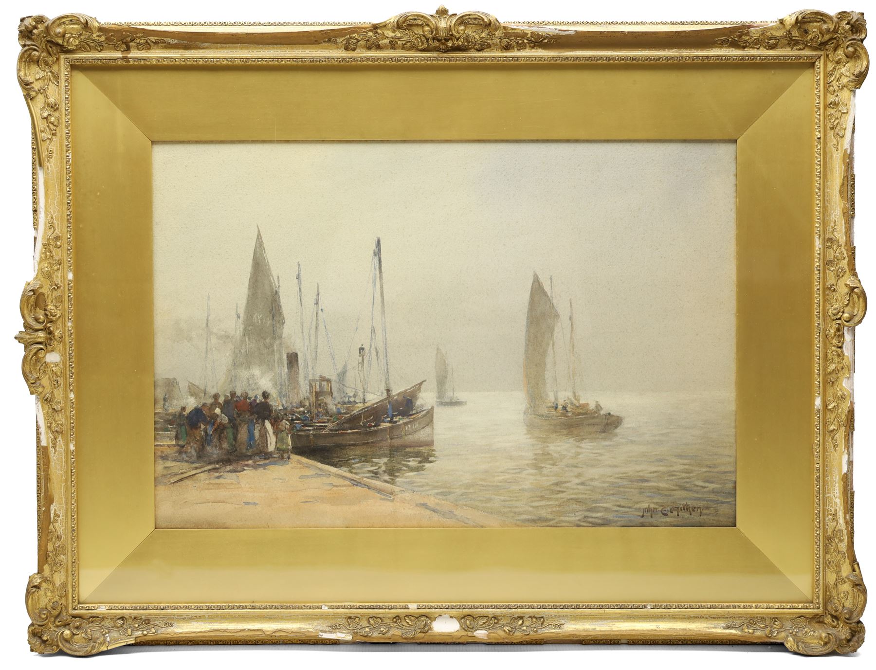John Ernest Aitken (Scottish 1881-1957): 'Off to Peterhead - Anstruther Fife', watercolour signed, titled on Chas. Rowley and Co 1910 Ltd label verso 33cm x 49.5cm