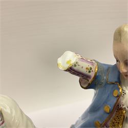 Pair of late 19th/early 20th Century Meissen figures, modelled as flower sellers, after the original by Michel Victor Acier, she holding basket of flowers, he holding flowers in his hat, each with underglaze cross swords mark beneath, tallest H16.5cm