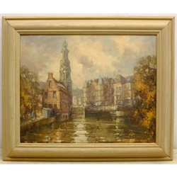 Donald Gray Midgely (British 1918-1995): 'The Mint Tower Amsterdam', oil on board signed and dated '91, titled verso 39cm x 49cm
