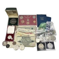 Great British and World coins and banknotes, including two Queen Victoria 1887 florins, King George V 1930 halfcrown, pre decimal pennies and other denominations, five Queen Elizabeth II five pound coins, United States of America 1964 Kennedy half dollar, German and other banknotes etc