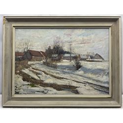 Josef Prochazka (Czech 1909-1984): Farm Buildings in the Snow, oil on board signed 49cm x 69cm