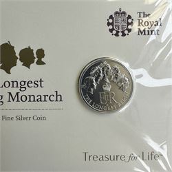 Five The Royal Mint United Kingdom 2015 'The Longest Reigning Monarch' twenty pounds fine silver coins, all on cards