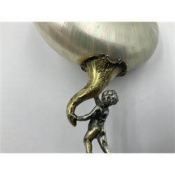 Modern limited edition silver mounted nautilus shell cup, no. 42/150, the pearlescent shell cup with silver-gilt strapwork to rim, upon a stem modelled as a putto supporting a gilt cornucopia and circular domed foot depicting Poseidon amongst swirling waves, hallmarked by St James House Company, London 1980,  H17.5cm